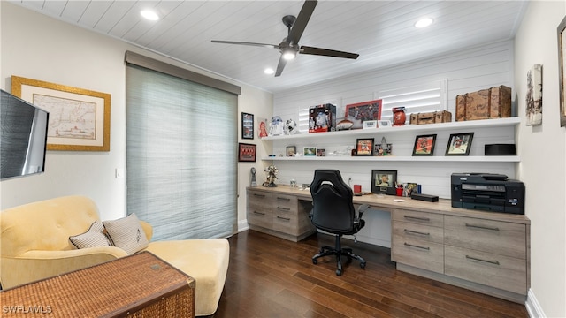 office space with built in desk, dark hardwood / wood-style floors, ceiling fan, and wood ceiling