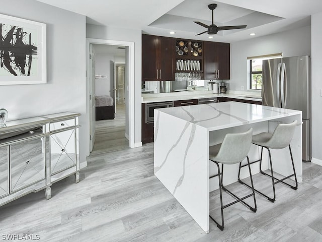 kitchen featuring a center island, light hardwood / wood-style flooring, ceiling fan, a tray ceiling, and stainless steel appliances