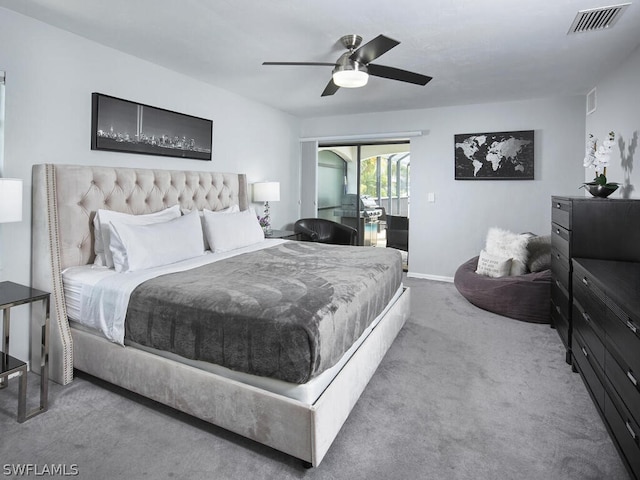 bedroom with carpet, baseboards, visible vents, ceiling fan, and access to outside