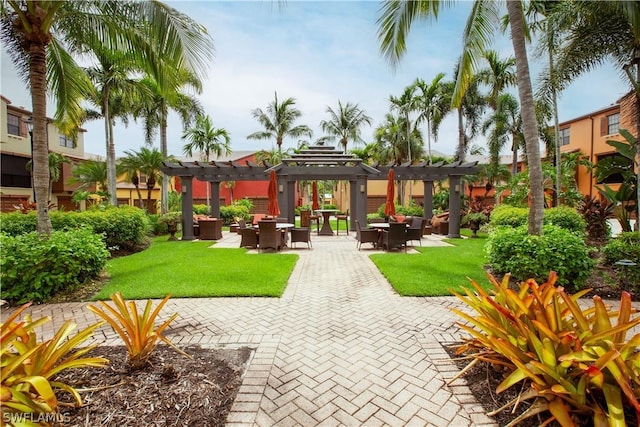 surrounding community with a pergola and a lawn