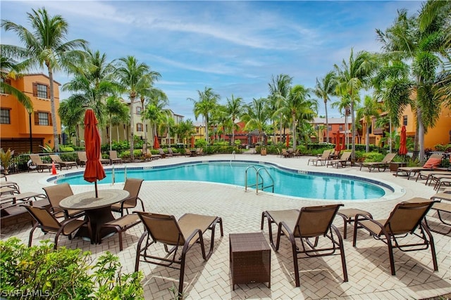 view of swimming pool featuring a patio area