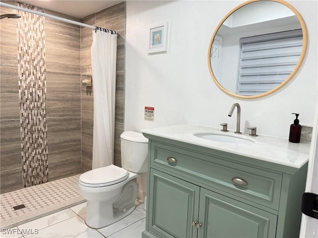 bathroom featuring marble finish floor, a shower stall, toilet, and vanity