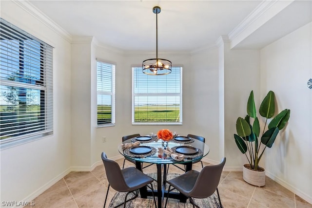 dining space with ornamental molding, light tile patterned floors, and an inviting chandelier