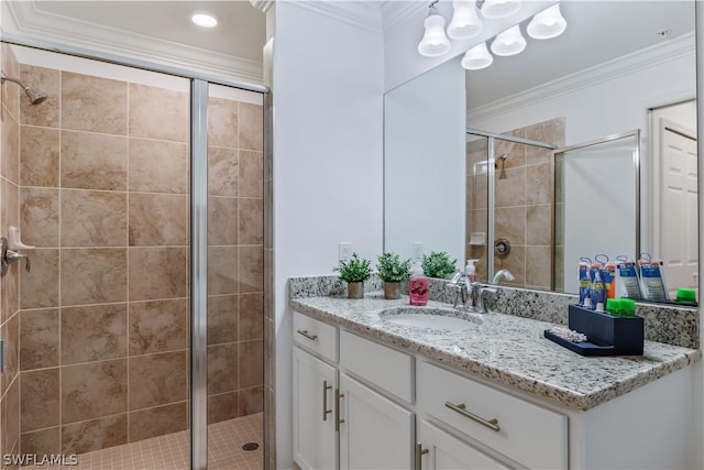 43030 Greenway Blvd Unit 412, Punta Gorda, FL 33982 - bathroom with a stall shower, vanity, and crown molding