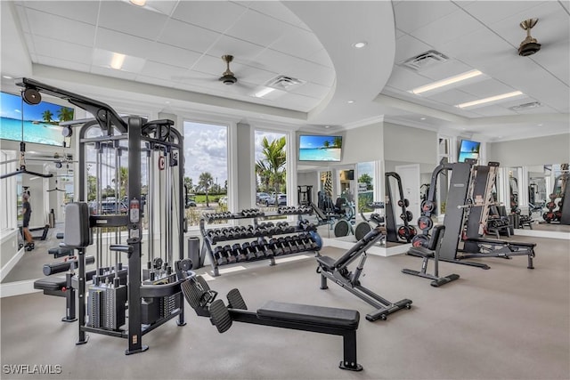 exercise room with a tray ceiling, ceiling fan, and a paneled ceiling