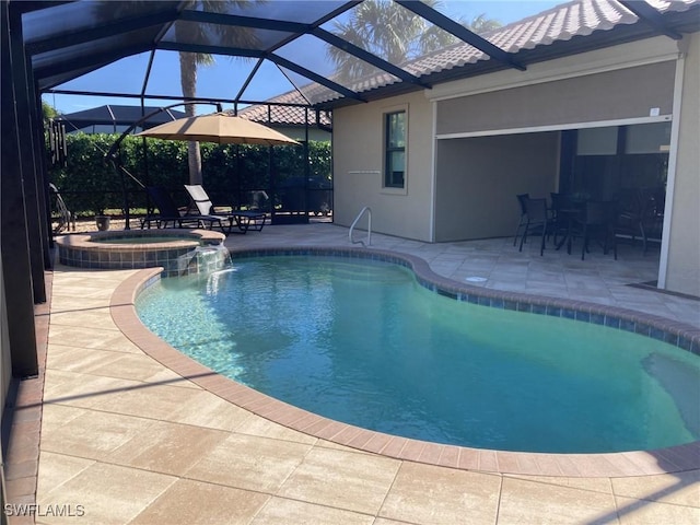 view of swimming pool featuring glass enclosure, an in ground hot tub, a patio area, and pool water feature