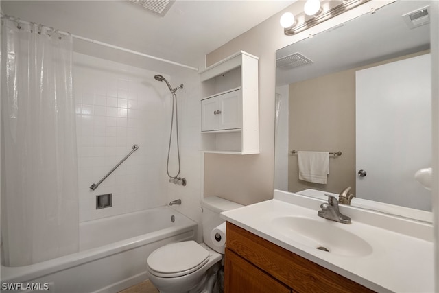 full bathroom featuring toilet, oversized vanity, and shower / bathtub combination with curtain