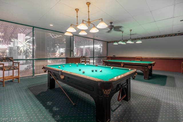 rec room with carpet, ceiling fan, and billiards