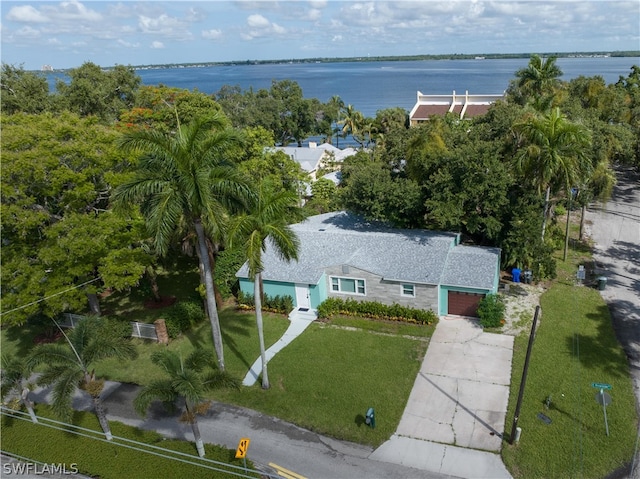 aerial view featuring a water view