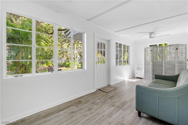 unfurnished sunroom featuring ceiling fan