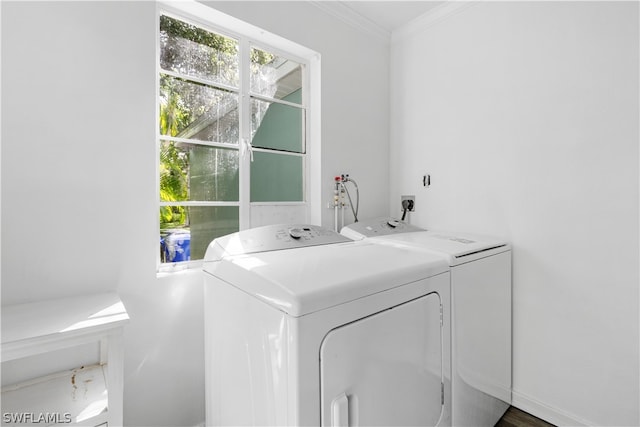 washroom with ornamental molding and independent washer and dryer