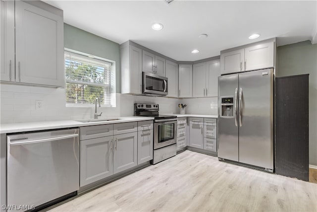 kitchen featuring appliances with stainless steel finishes, sink, tasteful backsplash, and light hardwood / wood-style flooring