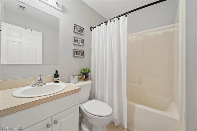 full bathroom with shower / bathtub combination with curtain, oversized vanity, and toilet