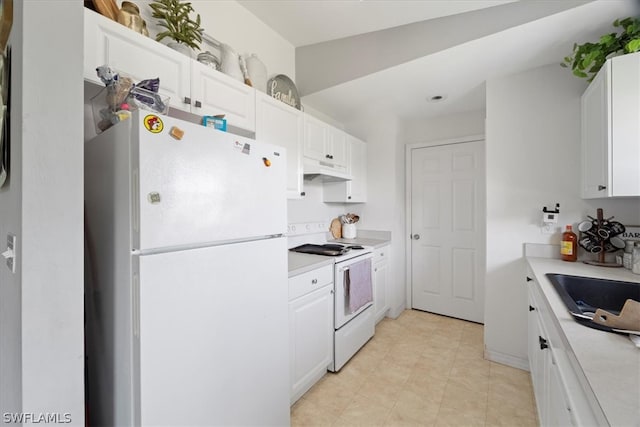 kitchen featuring sink, white cabinets, white appliances, and light tile floors