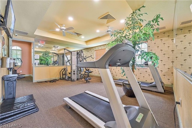 workout area featuring carpet, ceiling fan, and a tray ceiling