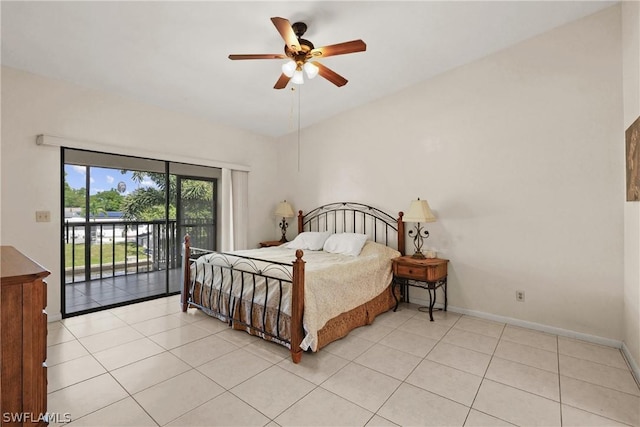 bedroom with light tile patterned floors, access to outside, and ceiling fan