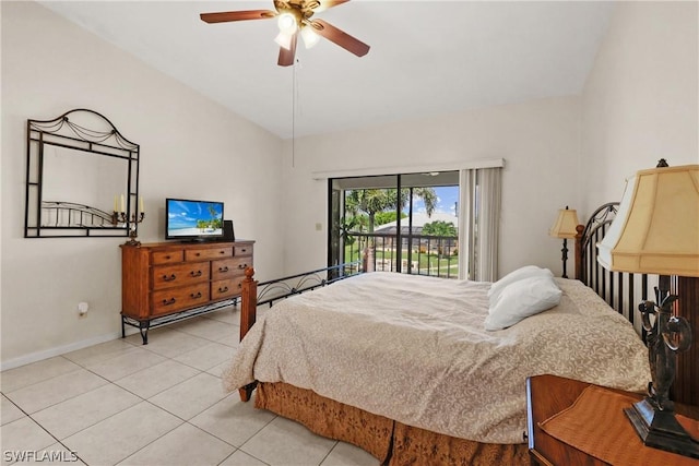 tiled bedroom with access to exterior, ceiling fan, and vaulted ceiling