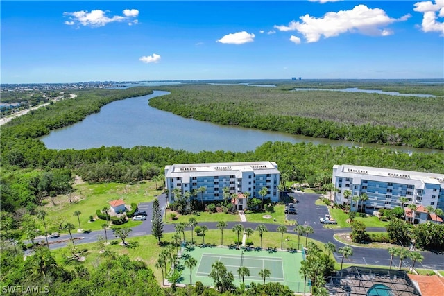 bird's eye view with a water view