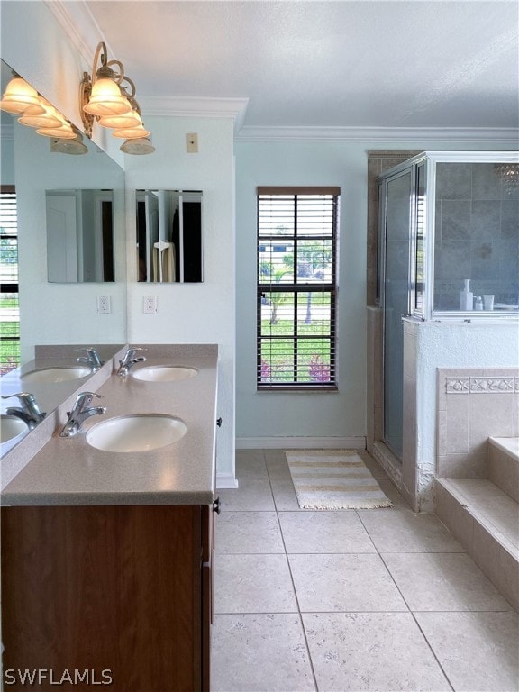 bathroom featuring tile patterned flooring, separate shower and tub, and crown molding