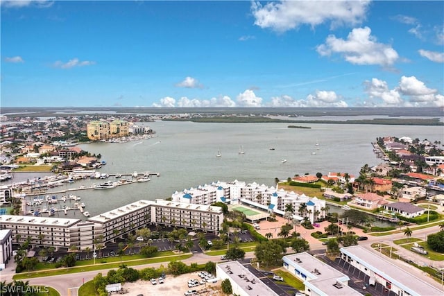 drone / aerial view with a water view