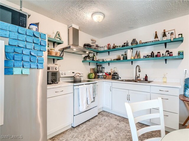 kitchen with white electric range, sink, white cabinetry, and exhaust hood