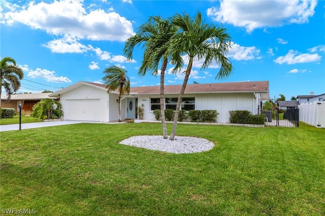 ranch-style home with a front yard and a garage