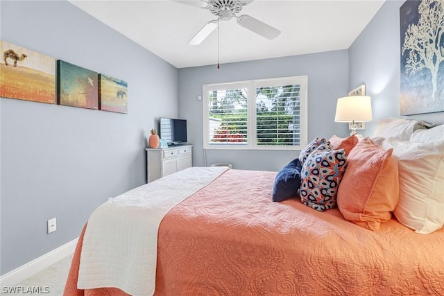 bedroom with ceiling fan and carpet floors