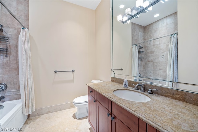 full bathroom with tile patterned flooring, shower / bath combo, vanity, and toilet