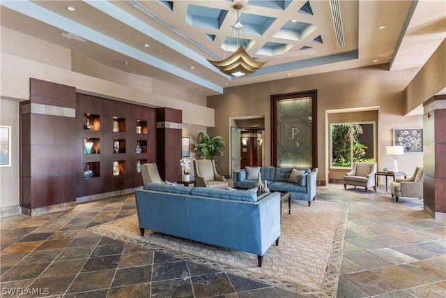 14270 Royal Harbour Ct Unit 1122, Fort Myers, FL 33908 - building lobby featuring a towering ceiling, recessed lighting, coffered ceiling, and beam ceiling