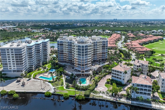 drone / aerial view with a water view