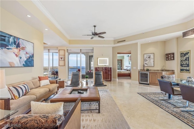 14270 Royal Harbour Ct Unit 1122, Fort Myers, FL 33908 - living room with wine cooler, a raised ceiling, ceiling fan, wet bar, and recessed lighting