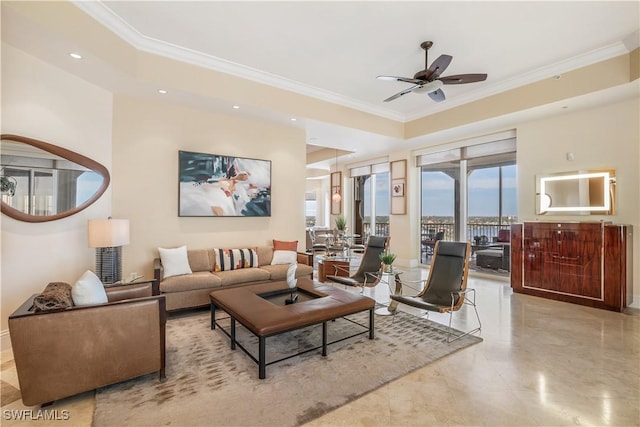 14270 Royal Harbour Ct Unit 1122, Fort Myers, FL 33908 - living room featuring crown molding, plenty of natural light, a ceiling fan, recessed lighting, and tile patterned flooring