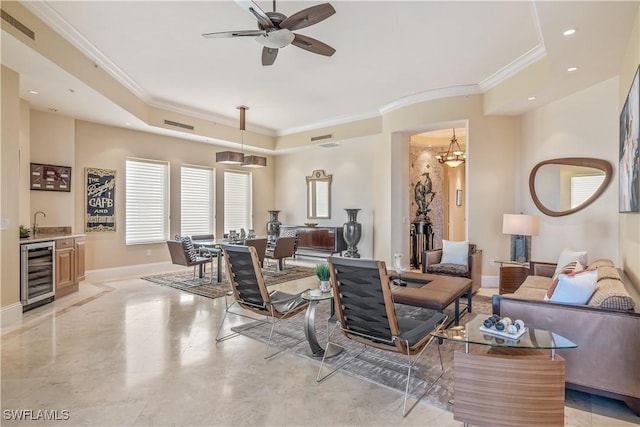 14270 Royal Harbour Ct Unit 1122, Fort Myers, FL 33908 - living area featuring beverage cooler, ornamental molding, baseboards, ceiling fan, and recessed lighting