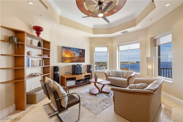 14270 Royal Harbour Ct Unit 1122, Fort Myers, FL 33908 - living area featuring crown molding, ceiling fan, recessed lighting, baseboards, and a raised ceiling