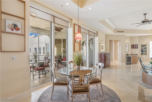 14270 Royal Harbour Ct Unit 1122, Fort Myers, FL 33908 - dining space featuring wine cooler, plenty of natural light, ceiling fan, recessed lighting, and baseboards