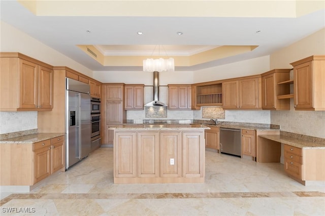 14270 Royal Harbour Ct Unit 1122, Fort Myers, FL 33908 - kitchen featuring open shelves, stainless steel appliances, wall chimney range hood, a tray ceiling, and crown molding