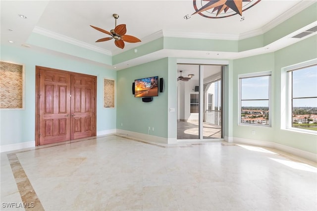 14270 Royal Harbour Ct Unit 1122, Fort Myers, FL 33908 - spare room featuring a ceiling fan, crown molding, a raised ceiling, baseboards, and recessed lighting