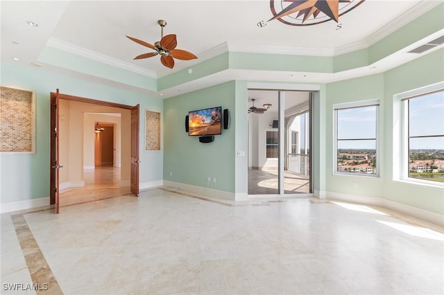 14270 Royal Harbour Ct Unit 1122, Fort Myers, FL 33908 - spare room featuring ornamental molding, a ceiling fan, a raised ceiling, baseboards, and recessed lighting