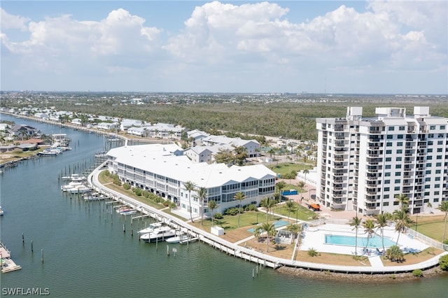 drone / aerial view featuring a water view