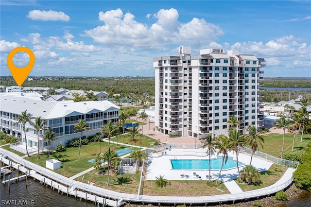 drone / aerial view featuring a water view