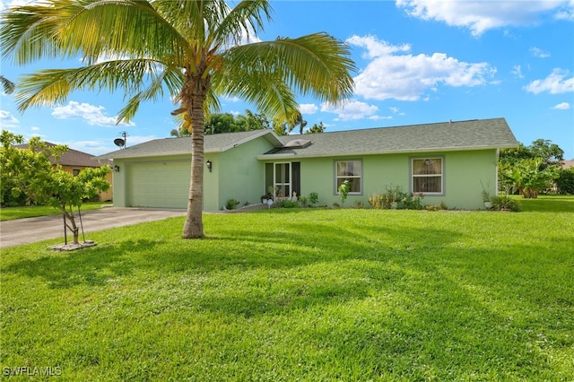 ranch-style home with a garage and a front lawn