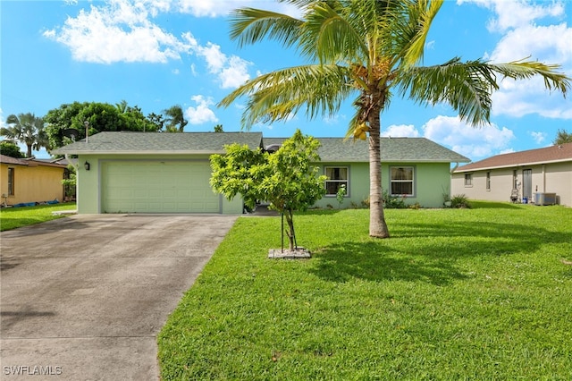 single story home with central AC unit, a garage, and a front yard