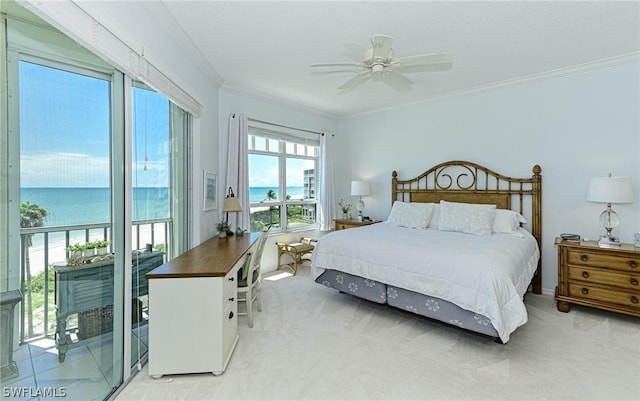 bedroom with ornamental molding, access to outside, a water view, and light colored carpet