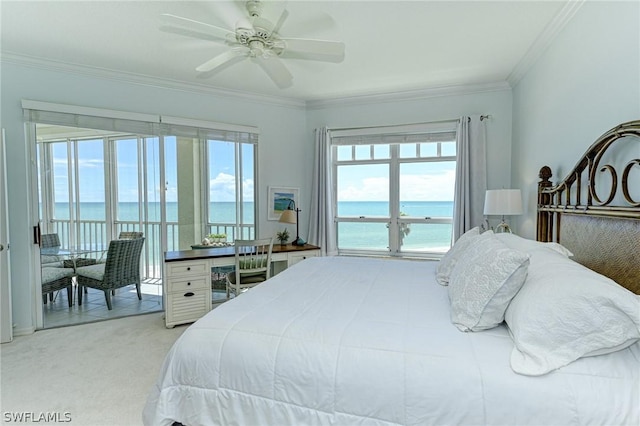 bedroom featuring a water view, access to outside, and ornamental molding