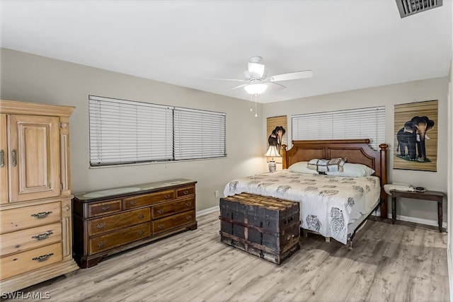 bedroom featuring ceiling fan and light hardwood / wood-style floors