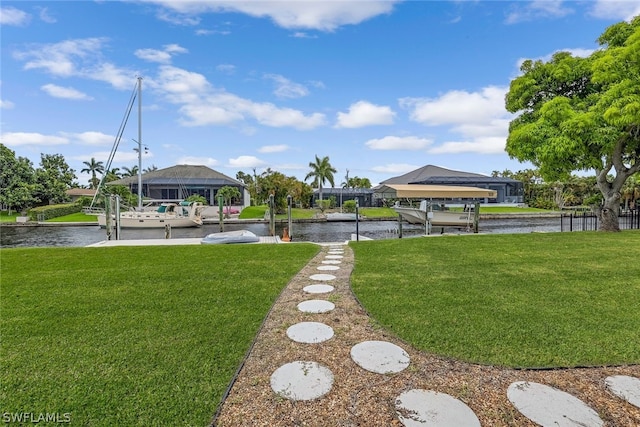 view of yard featuring a dock and a water view