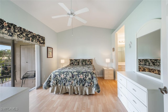 bedroom featuring baseboards, ceiling fan, access to outside, vaulted ceiling, and light wood-type flooring