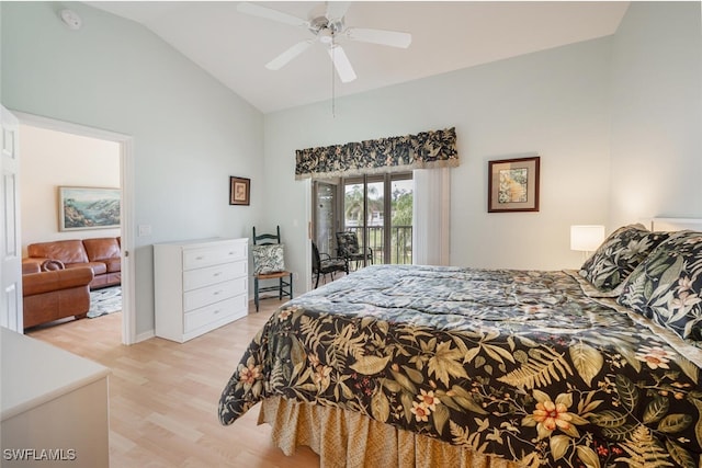 bedroom featuring vaulted ceiling, access to outside, light wood-style flooring, and a ceiling fan