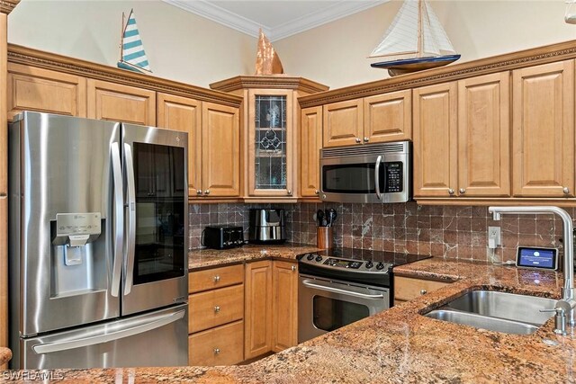 kitchen with sink, tasteful backsplash, light stone countertops, and stainless steel appliances