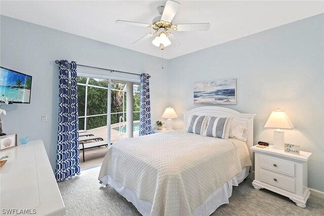 carpeted bedroom with access to outside, a ceiling fan, and baseboards